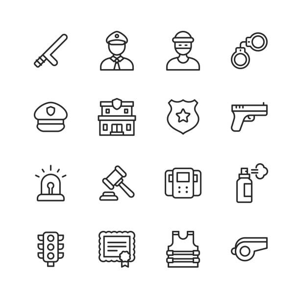 ilustraciones, imágenes clip art, dibujos animados e iconos de stock de iconos de líneas de policía y aplicación de la ley. trazo editable. pixel perfecto. para móviles y web. contiene iconos tales como policía, mujer policía, ladrón, esposas, chaleco, estación de policía, arma, ley, tráfico, prisión, coche, perro,  - pulverizador de pimienta