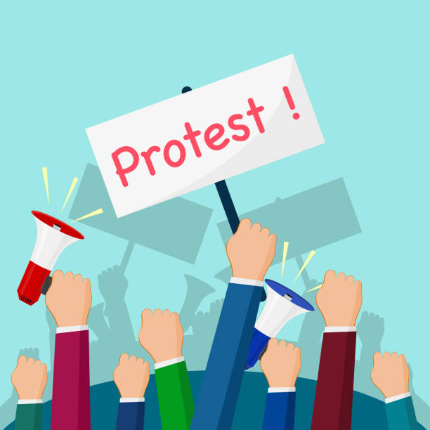 istock Protesters hands holding protest signs. crowd of angry people. crowd of people protesters. Vector illustration 1283667257