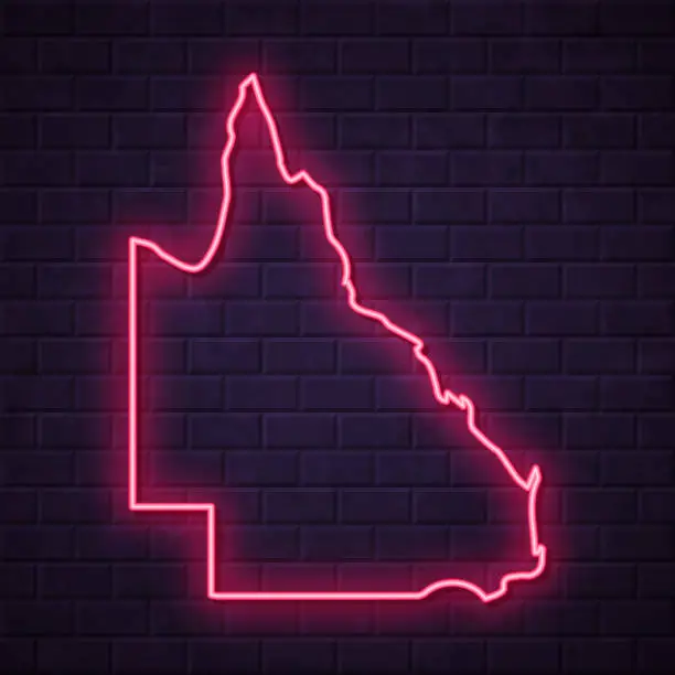 Vector illustration of Queensland map - Glowing neon sign on brick wall background
