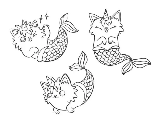 Vector illustration of Set of hand drawn Mercaticorn, Cute cartoon mermaid cat with unicorn horn in different poses on  isolated on white background. Linear vector illustration, cartoon doodle style.