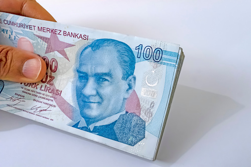 close up one hundred turkish lira banknotes