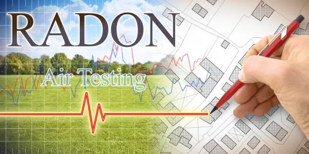 Detect the presence of radon gas in the subsoil before building  - Air testing concept "nimage with an imaginary city with hand drawing a graph about radon gas presence.