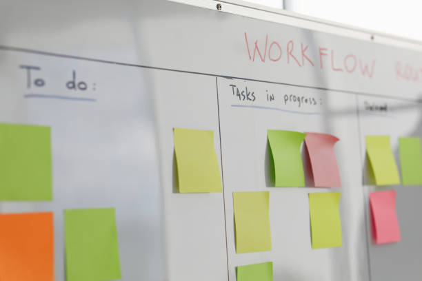 istock On white board multicolored stickers with business tasks are glued. 1283671102