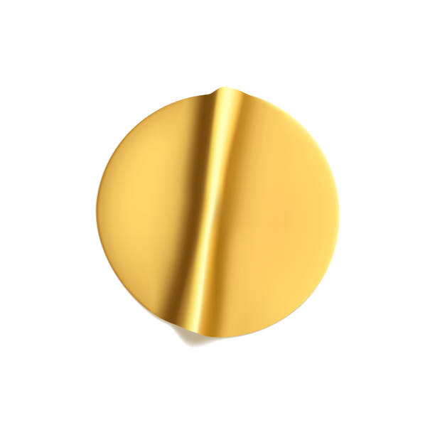 istock Gold round crumpled sticker mock up set. Adhesive golden foil or plastic sticker label with wrinkled effect on white background. Blank template label tag. 3d realistic vector 1283671293