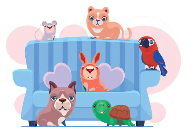 Vector illustration of happy pets with sofa
