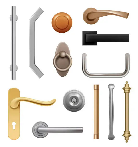 Vector illustration of Door handles. 3d modern furniture wooden and metal items interior symbols handles vector realistic