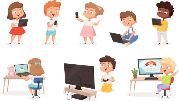 Vector illustration of Kids using gadgets. Tablet pc smartphone laptop for children education processes future technology distance learning vector set