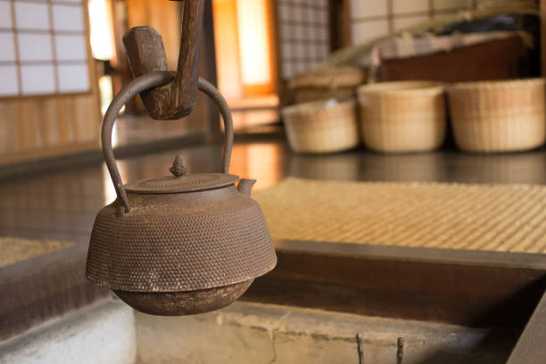A Japanese traditional room with warm light(Irori). Near the hearth there are baskets made of straw.