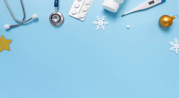 istock Medical christmas flatly. Copy space. Blue background. 1283672692