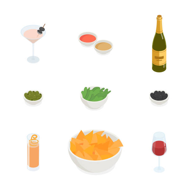 illustrations, cliparts, dessins animés et icônes de ensemble de nourriture et de boissons - martini glass wineglass wine bottle glass