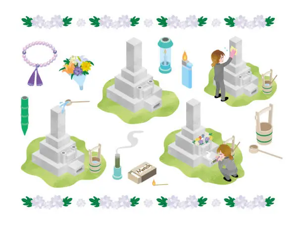 Vector illustration of Illustration set for visiting Japanese graves