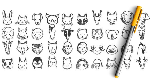 Animals doodle set Animals doodle set. Collection of pencil pen ikn hand drawn sketches templates patterns of elephant monkey cat dog lion horse chicken muzzles isolated in line. Wildlife illustration. goat pen stock illustrations