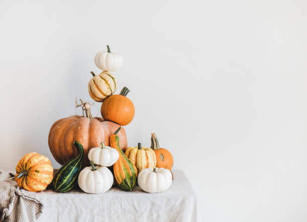 Pumpkins for Halloween or Thanksgiving Day holiday decoration, copy space Colorful pumpkins of different shapes and size in pyramid composition on light tablecloth, white wall at background, copy space. Pumpkins for Halloween or Thanksgiving Day Autumn holiday decoration pumpkin photos stock pictures, royalty-free photos & images
