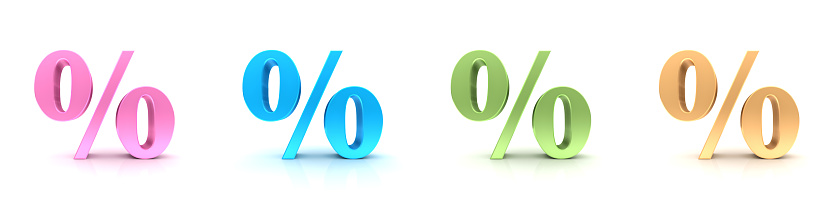Percent percentage % sign symbol interest rate sale discount finance icons 3d rose blue green golden yellow orange pastel colored rendering isolated on white background