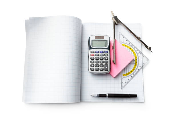 scuola: elementi matematici isolati su sfondo bianco - ruler ballpoint pen pen isolated foto e immagini stock
