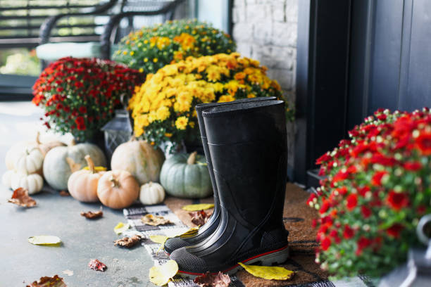 istock Rain Boots on Front Porch Decorated for Autumn 1283674673