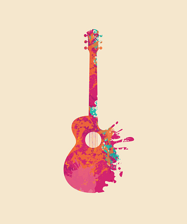 Creative bright musical illustration. Vector design of an abstract guitar in form of multi colored paint spots and splashes on a light background