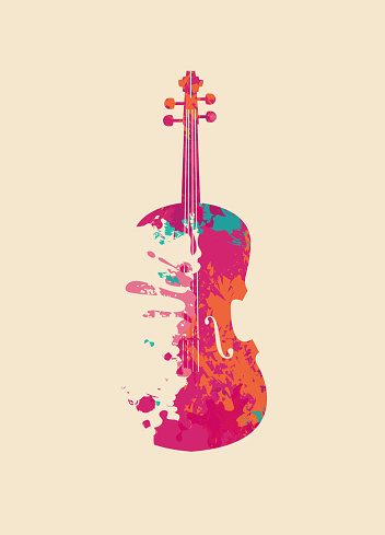 Creative bright musical illustration. Vector design of an abstract violin in the form of multi colored paint spots and splashes on a light background in retro style