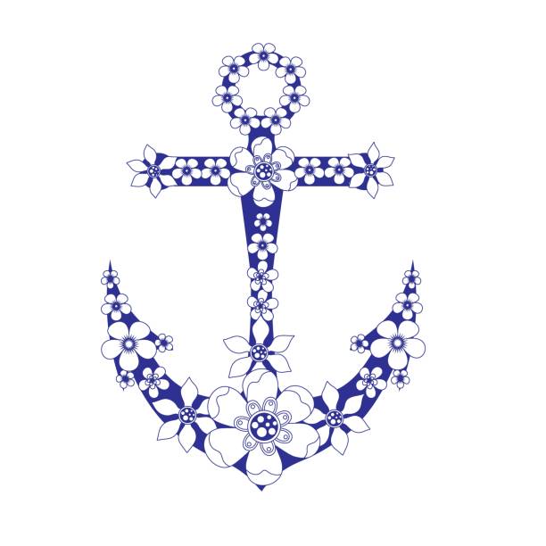 Web Anchor decorated with flowers, isolated on white background, marine concept. Hand drawn vector illustration in vintage style. anchor free pic stock illustrations