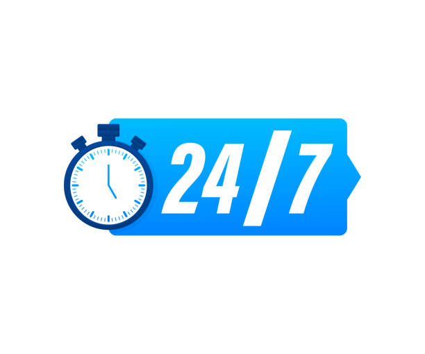 ilustraciones, imágenes clip art, dibujos animados e iconos de stock de concepto de servicio 24-7. 24-7 abierto. icono de servicio de soporte. ilustración de stock vectorial. - clock face store time sign