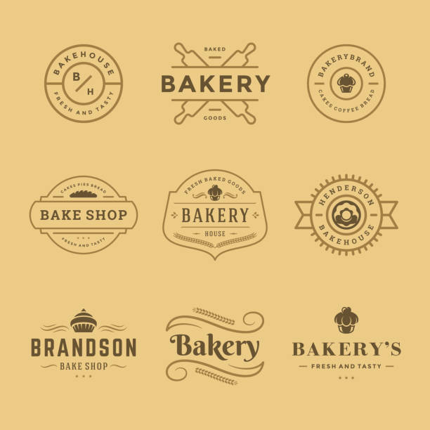 ilustraciones, imágenes clip art, dibujos animados e iconos de stock de logotipos de panadería y plantillas de diseño de insignias establecen ilustración vectorial - baked cake cupcake decoration