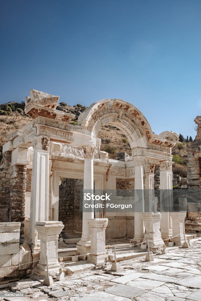 Hadrian Temple in the ancient city of Ephesus The Temple of Hadrian in Ephesus Ancient City Arch - Architectural Feature Stock Photo