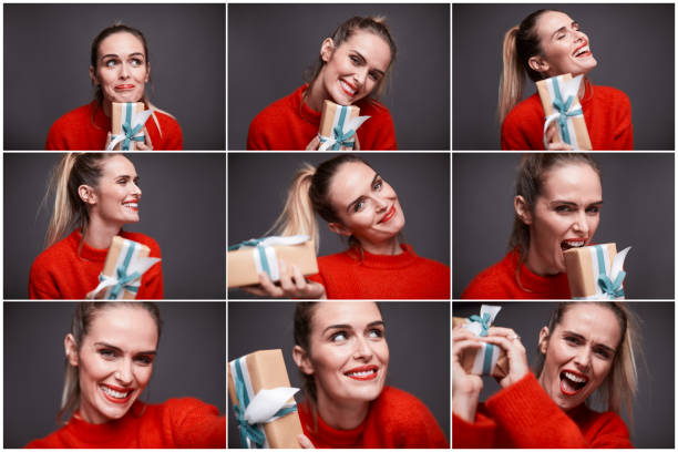 Composite of a beautiful woman with a Christmas gift. Composite of a beautiful woman with a Christmas gift. anglo saxon photos stock pictures, royalty-free photos & images