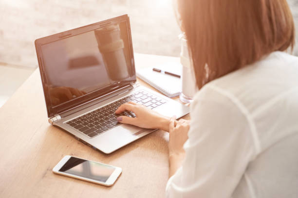 istock Female student work on laptop. Online lessons 1283677061