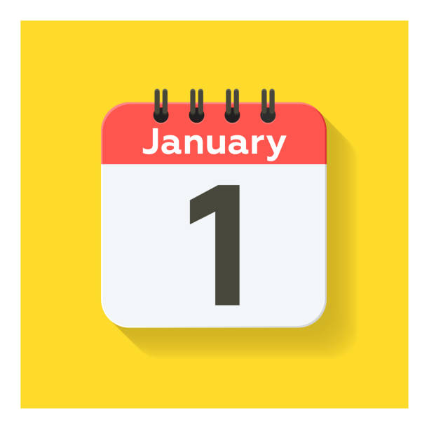 1 января - ежедневная значок календаря в плоском стиле дизайна и желтом фоне. - isolated isolated on yellow yellow background single object stock illustrations