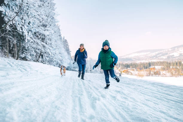 matka i syn bawią się podczas spaceru z psem. biegają ze swoim psem beagle w zaśnieżonym lesie. matka i syn krewnych i femily wartości obrazu koncepcji. - family winter walking fun zdjęcia i obrazy z banku zdjęć