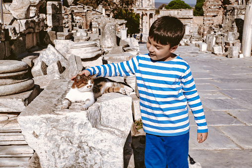 Cute Child and Cat Curetes Street in Ephesus