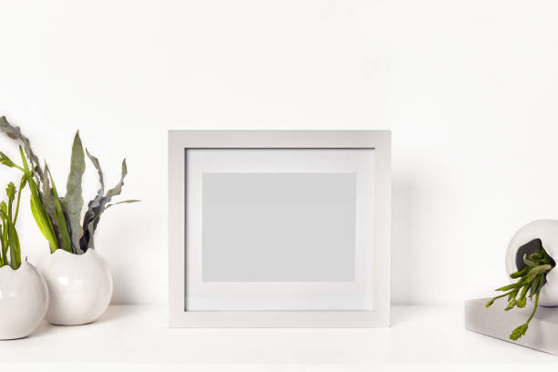 istock Square simple blank photo frame on tabletop surrounded by vases with green plants or flowers, isolated on white. Close up, copy space 1283677336