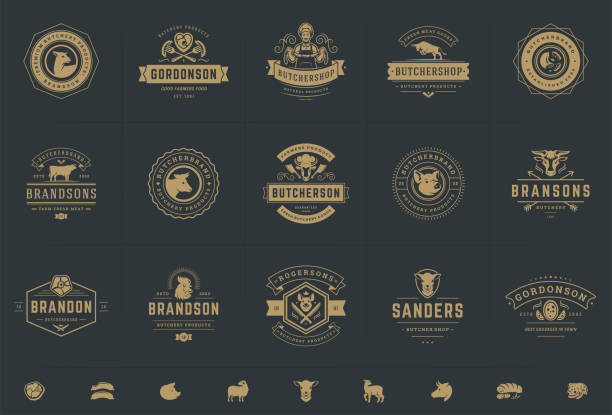 Butcher shop logos set vector illustration good for farm or restaurant badges with animals and meat silhouettes. Retro typography emblems design.