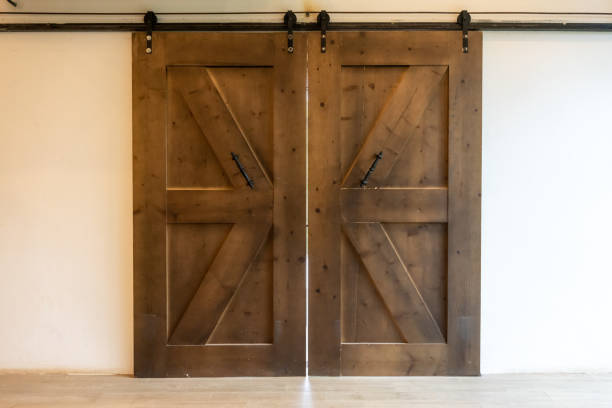 istock Wood slide doors against white wall background. Interior Detail Design. 1283678665