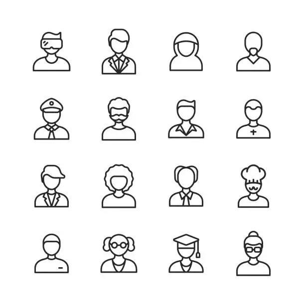 Vector illustration of Male Avatar Line Icons. Editable Stroke. Pixel Perfect. For Mobile and Web. Contains such icons as Avatar, Man, Profile, User, Social Media, Human Head, Human Face, Office, People, Old Person, Businessman, Business Person, Mobile App Profile.