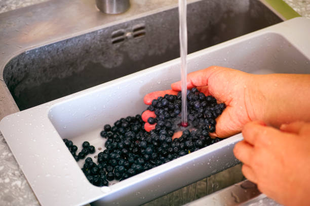istock Person washing blueberries in kitchen sink. Close-up. 1283678810