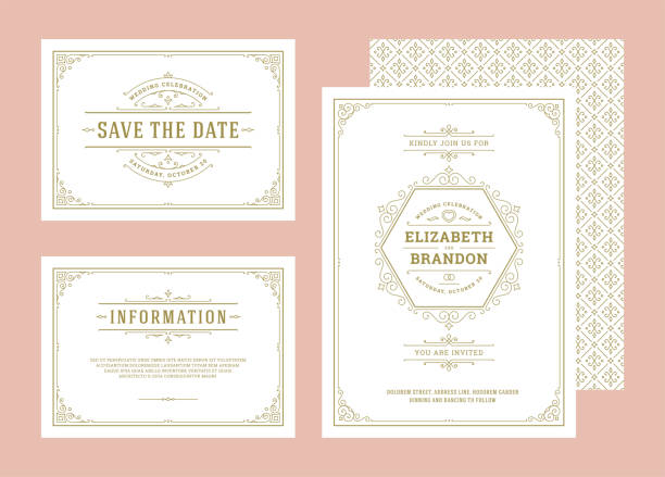 Set wedding invitations flourishes ornaments cards invite with thank you and response design Set wedding invitations flourishes ornaments cards invite with thank you and response design. Vintage victorian frames and decorations. Vector elegant template. save the date font stock illustrations
