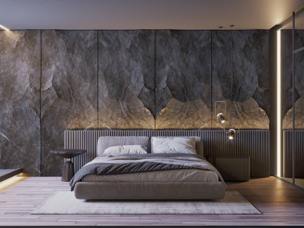 istock Bedroom interior with black stone wall , side table lamp and wooden floor.3D illustration 1283679365