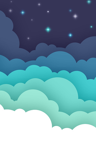 Night evening cloudscape with blue sky fluffy clouds cartoon background.