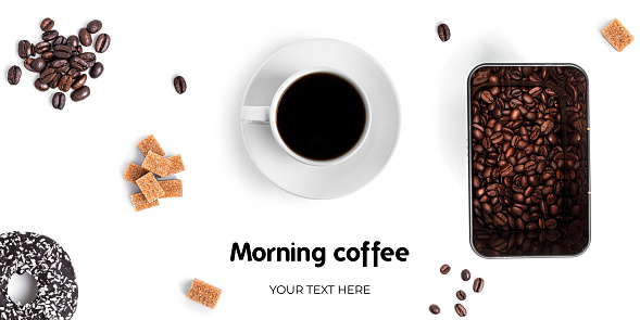 Coffee and sweets on a white background. Long header banner format. Panorama website header banner. High quality photo