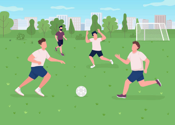 Outdoor football match flat color vector illustration Outdoor football match flat color vector illustration. Sportsman playing game. Athletes on field with goal. Active lifestyle. Soccer team 2D cartoon characters with urban park on background match sport illustrations stock illustrations