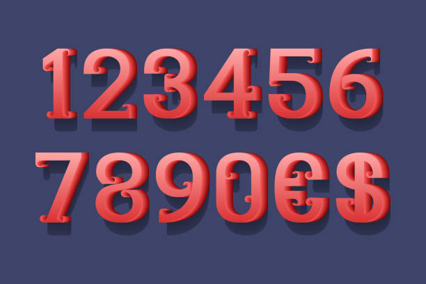 istock Red 3d numbers and currency signs with curly serifs. 1283681486