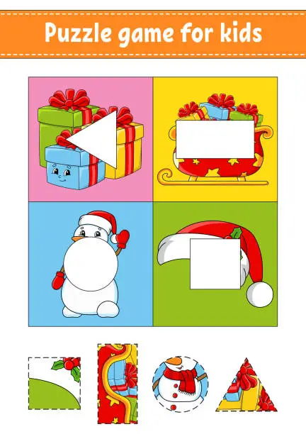 Vector illustration of Puzzle game for kids. Cut and paste. Christmas theme. Cutting practice. Learning shapes. Education worksheet. Circle, square, rectangle, triangle. Activity page. Cartoon character.