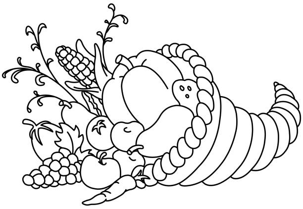 Outlined horn of plenty Outlined Horn of plenty. Thanksgiving cornucopia with autumn fruits and vegetables. Vector lineart illustration coloring page. autumn coloring pages stock illustrations