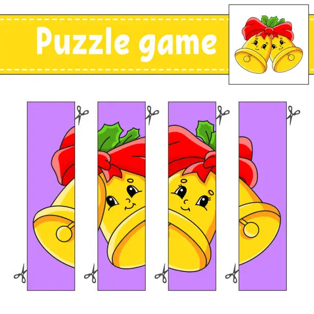 Vector illustration of Puzzle game for kids. Cutting practice. Christmas theme. Education developing worksheet. Activity page. Cartoon character.