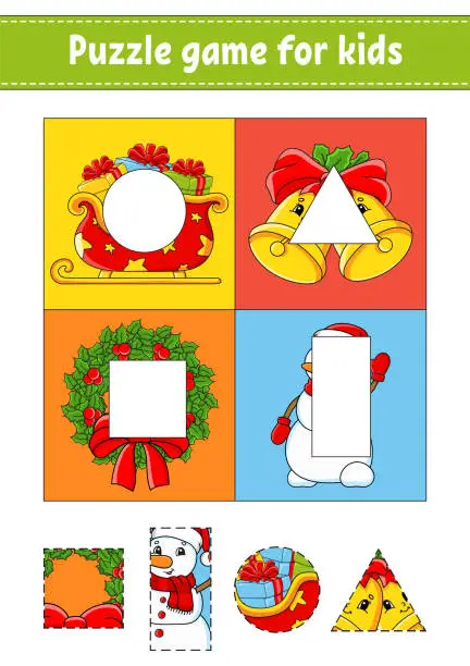 Vector illustration of Puzzle game for kids. Cut and paste. Christmas theme. Cutting practice. Learning shapes. Education worksheet. Circle, square, rectangle, triangle. Activity page. Cartoon character.