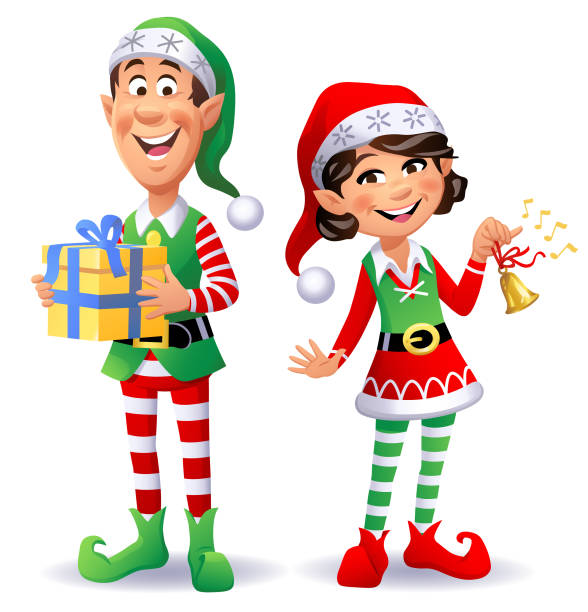 Two Cheerful Christmas Elves Vector illustration of two cute Christmas elves wearing santa hats and pantyhoses, looking at the camera. The girl is ringing a little Christmas bell and the boy is carrying a Christmas present. nymph stock illustrations