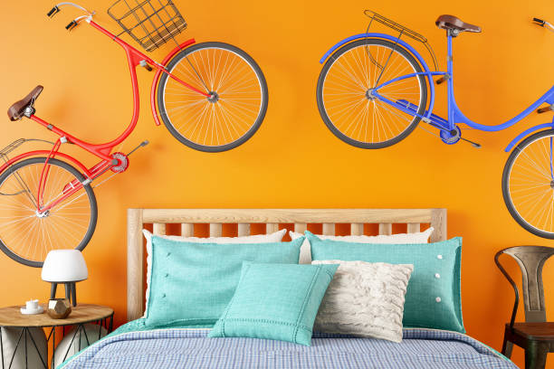 Orange Bedroom with Bicycle on the Wall