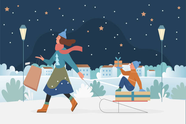 familienleute rodeln, weihnachten im freien winter aktivität - shopping christmas women retail stock-grafiken, -clipart, -cartoons und -symbole
