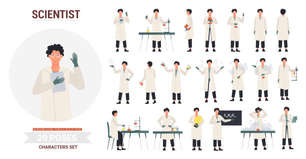 illustrations, cliparts, dessins animés et icônes de ensemble de poses scientifiques, caractère posant dans le laboratoire de science - scientist research test tube lab coat